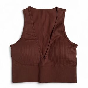 Brown Ribbed V-Neck Crop Top by OQQ Size M